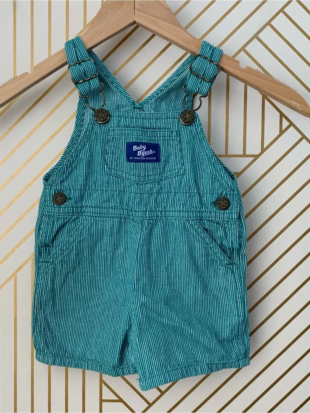 OshKosh B'gosh vintage 100% Cotton Hickory Stripe Vestbak Overall Teal White 18M